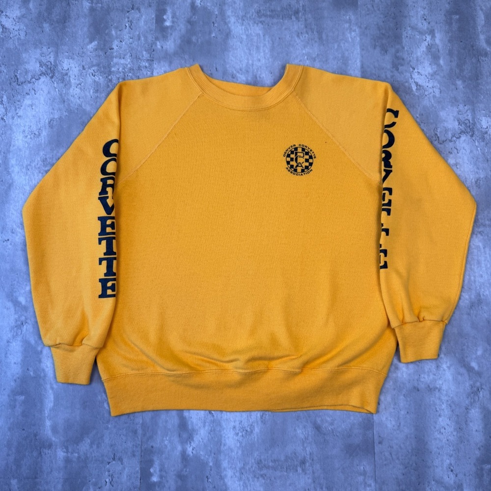 Vintage Corvette Sweatshirt Mens Large Yellow Denver Chevrolet Racing Crewneck